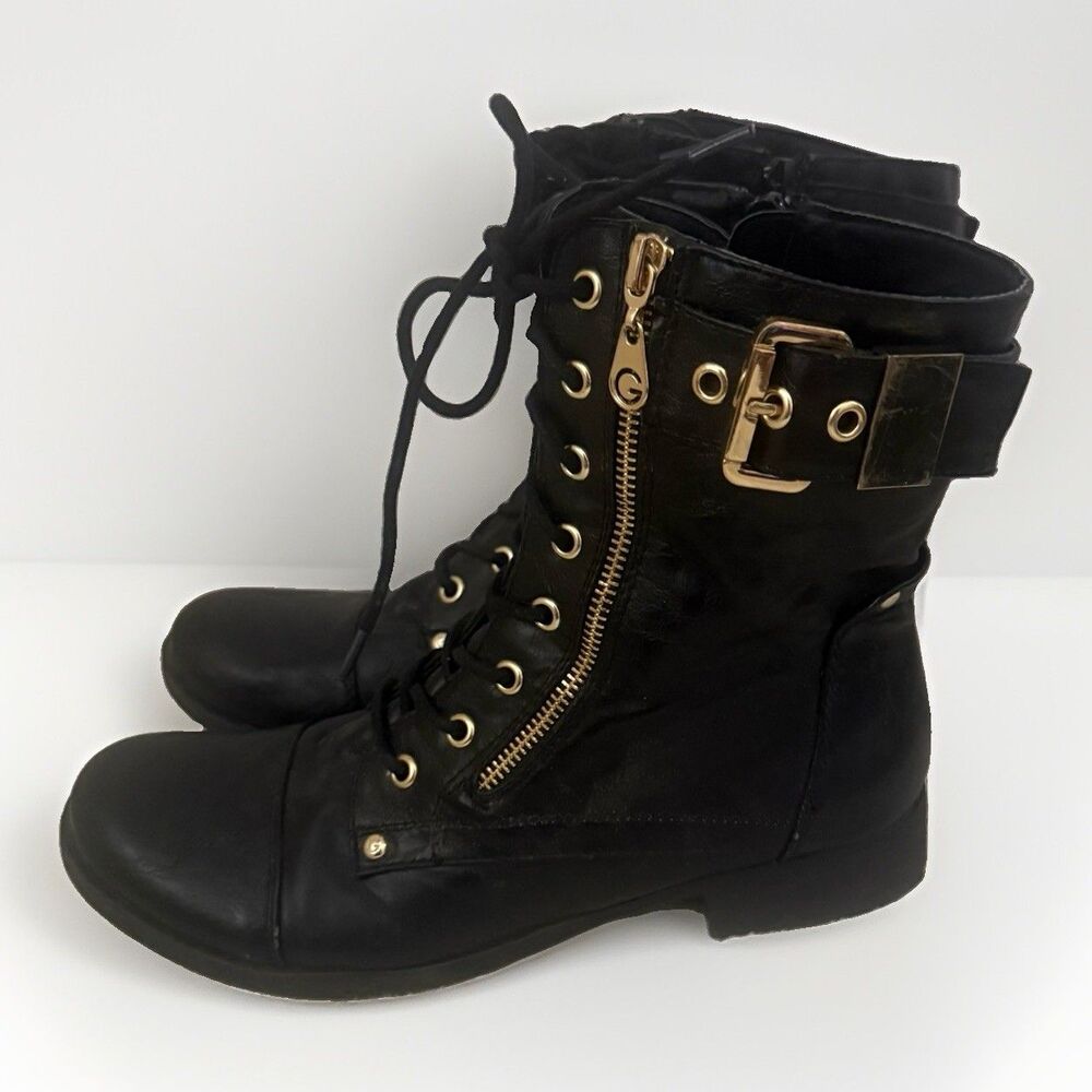 G By Guess Faux Leather Black Lace Up Combat Boots Size 9M Biker Gold Aviator